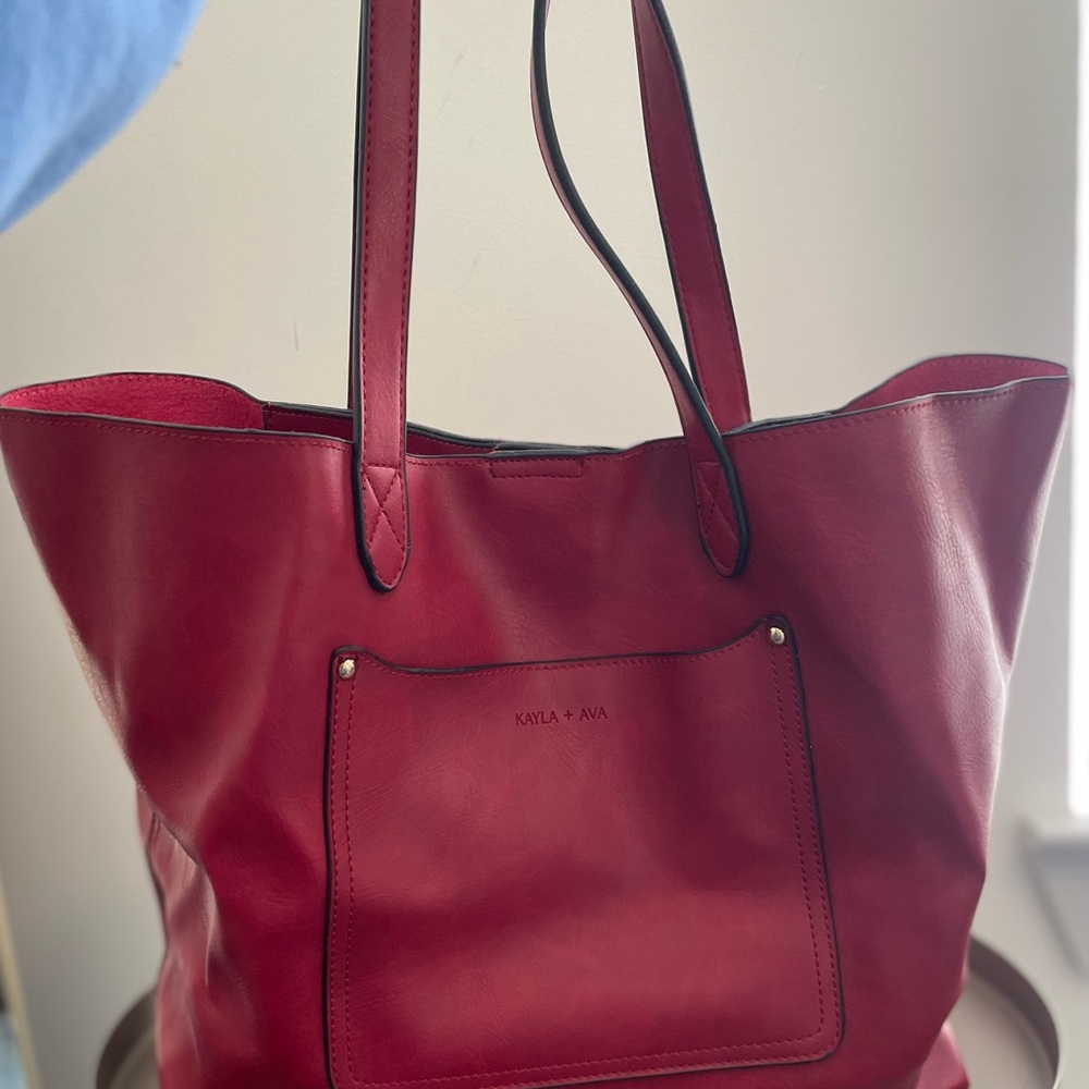 Kayla + Ava Vegan Leather Tote Bag Red Minimalist Shoulder Bag Large Carryall